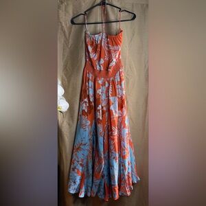 Gilner Farrar 100% Silk Tropical Maxi Dress Tassel Tie Boho Resort Size 6